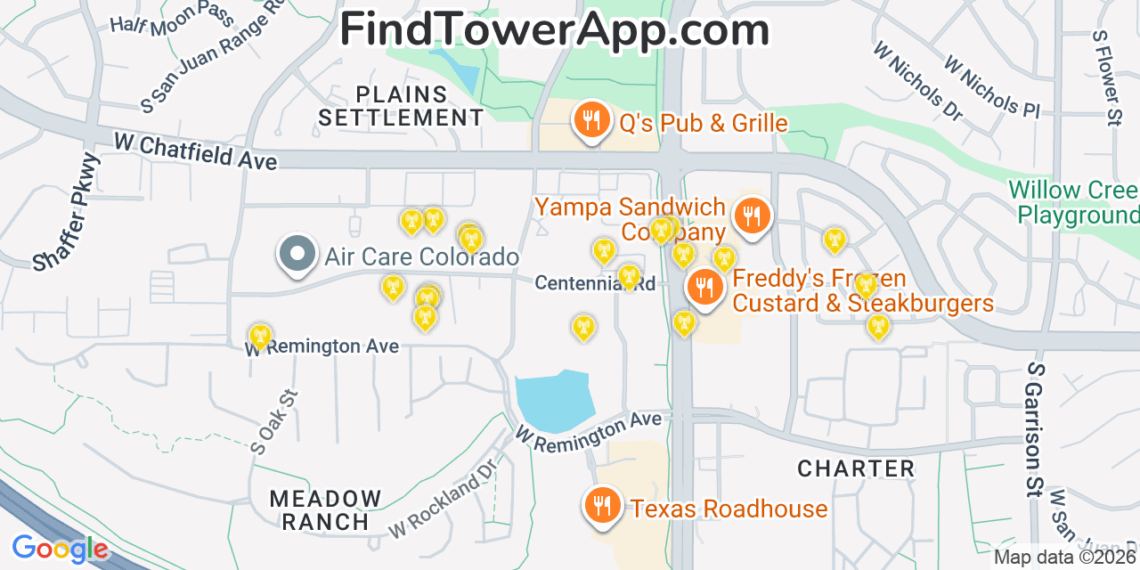 Map showing the 20 primary cell tower locations detected in Ken Caryl, Colorado from AT&T, Verizon, and T-Mobile networks