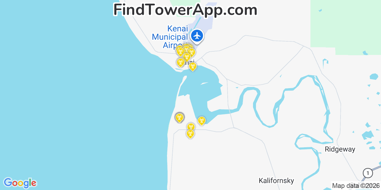 Map showing the 20 primary cell tower locations detected in Kenai, Alaska from AT&T, Verizon, and T-Mobile networks