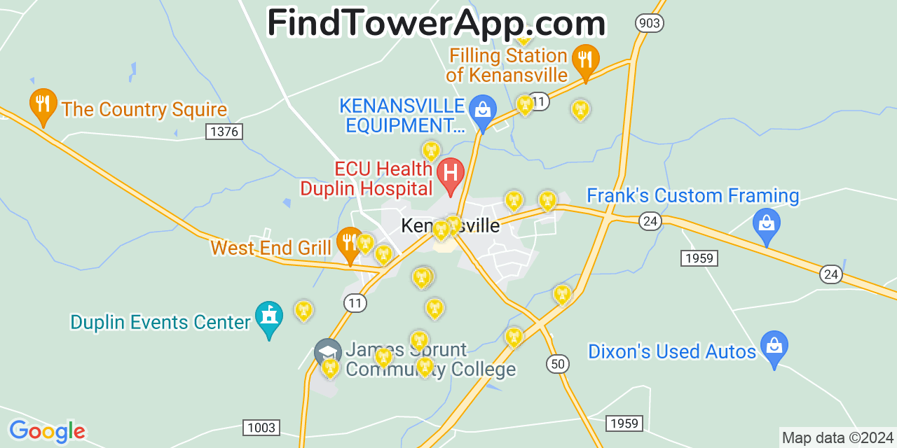 AT&T 4G/5G cell tower coverage map Kenansville, North Carolina