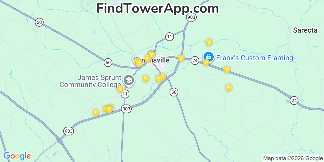 Map showing the 20 primary cell tower locations detected in Kenansville, North Carolina from AT&T, Verizon, and T-Mobile networks