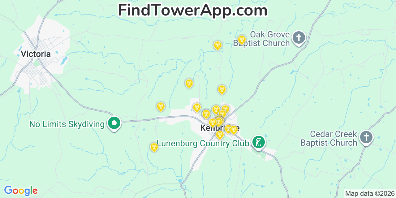 Map showing the 20 primary cell tower locations detected in Kenbridge, Virginia from AT&T, Verizon, and T-Mobile networks