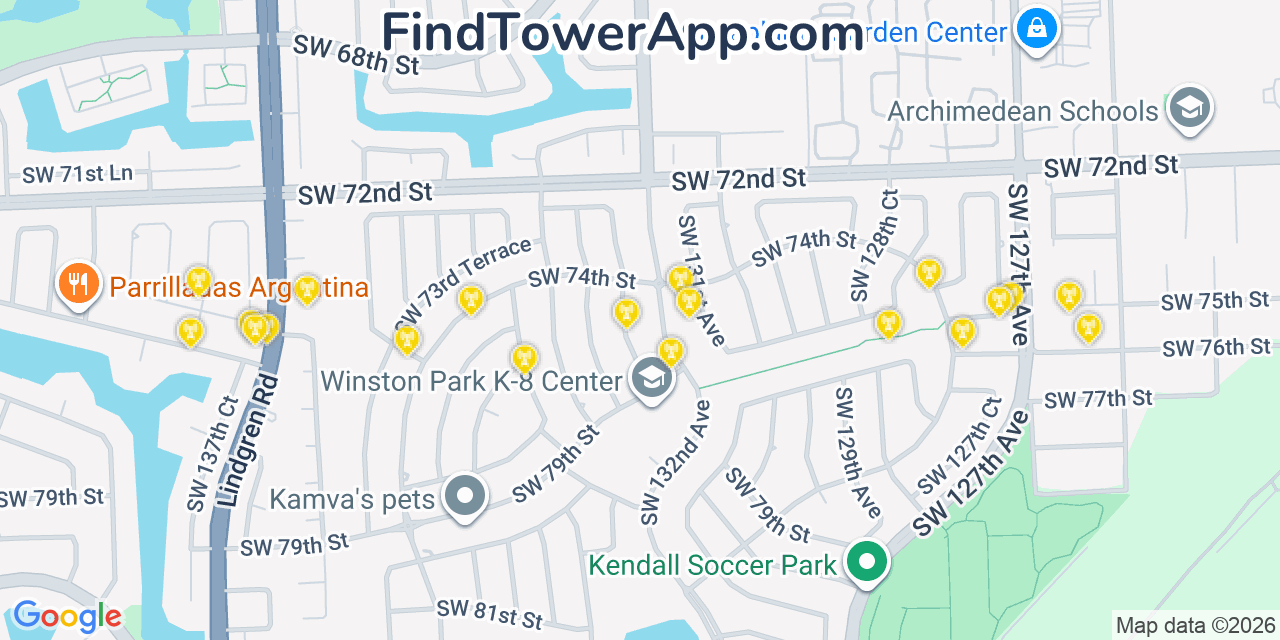 Map showing the 20 primary cell tower locations detected in Kendale Lakes, Florida from AT&T, Verizon, and T-Mobile networks