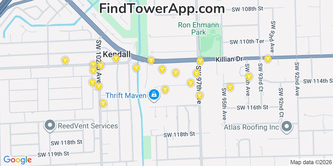 Map showing the 20 primary cell tower locations detected in Kendall, Florida from AT&T, Verizon, and T-Mobile networks