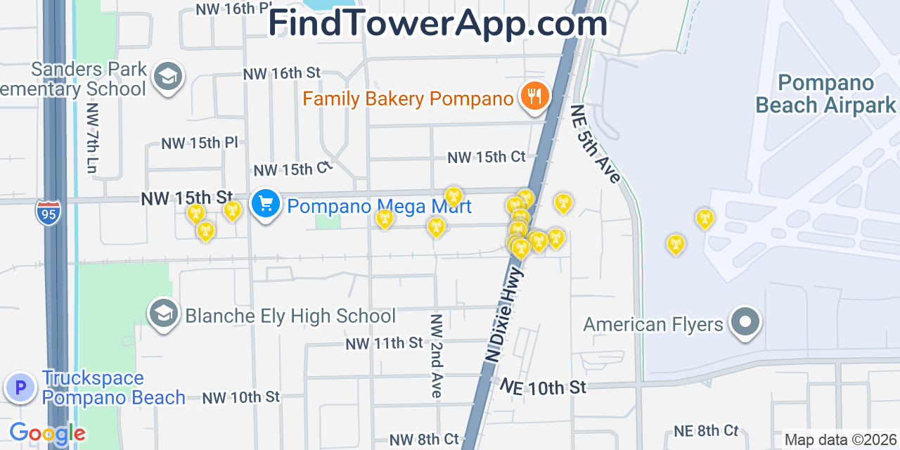 Map showing the 20 primary cell tower locations detected in Kendall Green, Florida from AT&T, Verizon, and T-Mobile networks