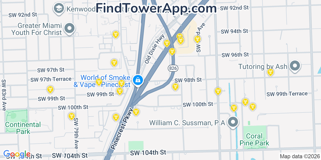 Map showing the 20 primary AT&T cell tower locations detected in Kendall Miami, Florida with coverage radius and signal strength indicators