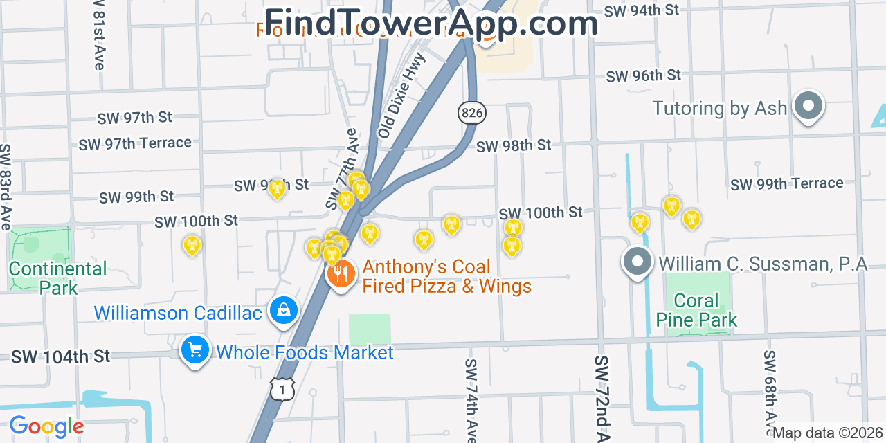 Map showing the 20 primary cell tower locations detected in Kendall Miami, Florida from AT&T, Verizon, and T-Mobile networks