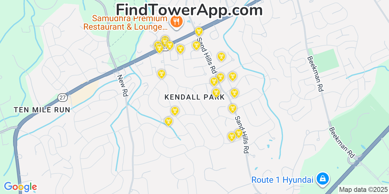 Map showing the 20 primary cell tower locations detected in Kendall Park, New Jersey from AT&T, Verizon, and T-Mobile networks