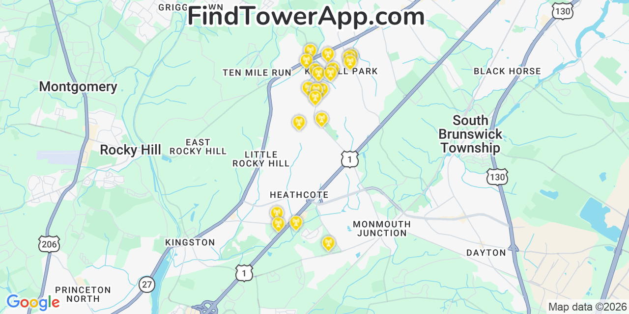 Map showing the 20 primary cell tower locations detected in Kendall Park, New Jersey from AT&T, Verizon, and T-Mobile networks