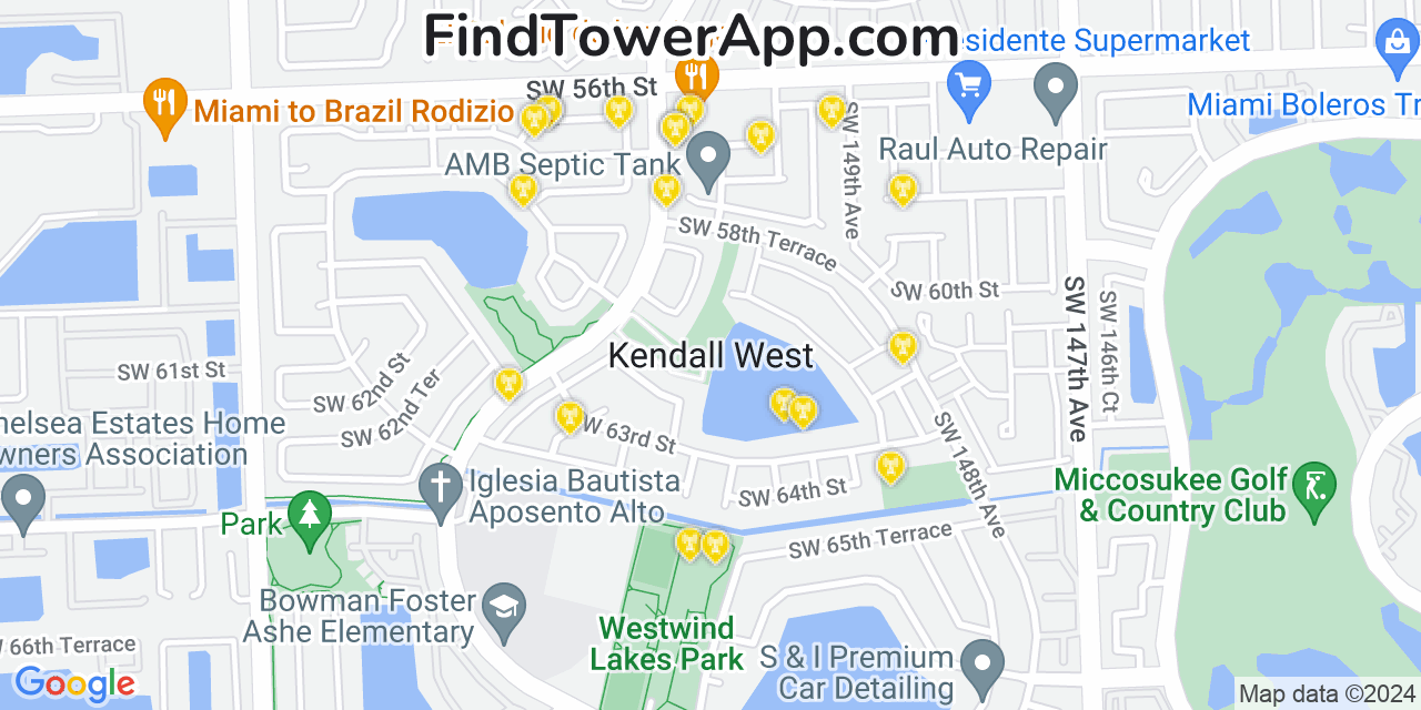 AT&T 4G/5G cell tower coverage map Kendall West, Florida