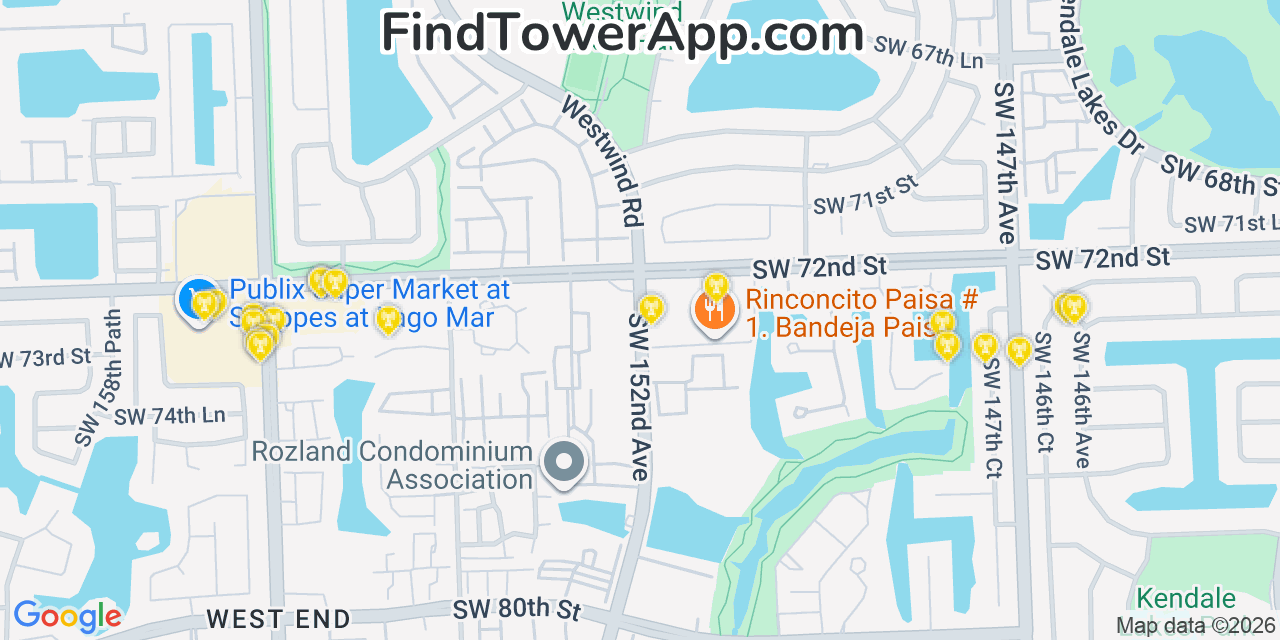 Map showing the 20 primary cell tower locations detected in Kendall West, Florida from AT&T, Verizon, and T-Mobile networks