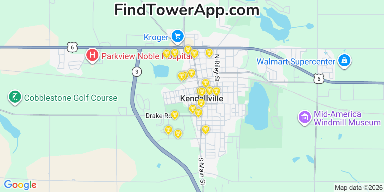 Map showing the 20 primary cell tower locations detected in Kendallville, Indiana from AT&T, Verizon, and T-Mobile networks