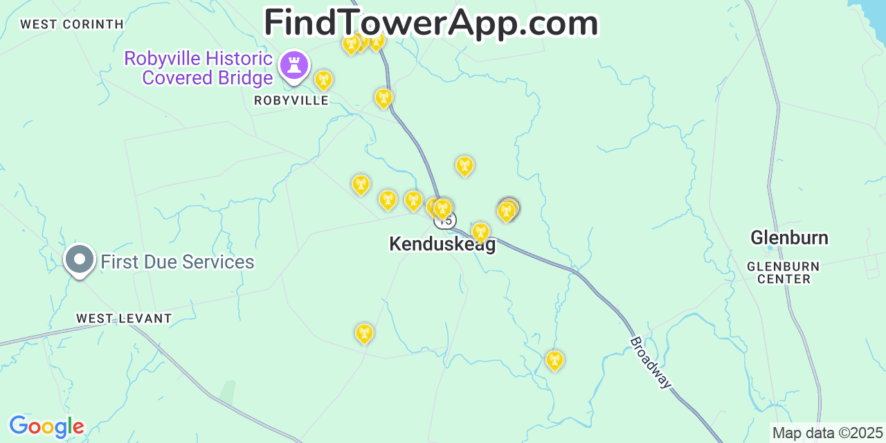 Map showing the 20 primary cell tower locations detected in Kenduskeag, Maine from AT&T, Verizon, and T-Mobile networks