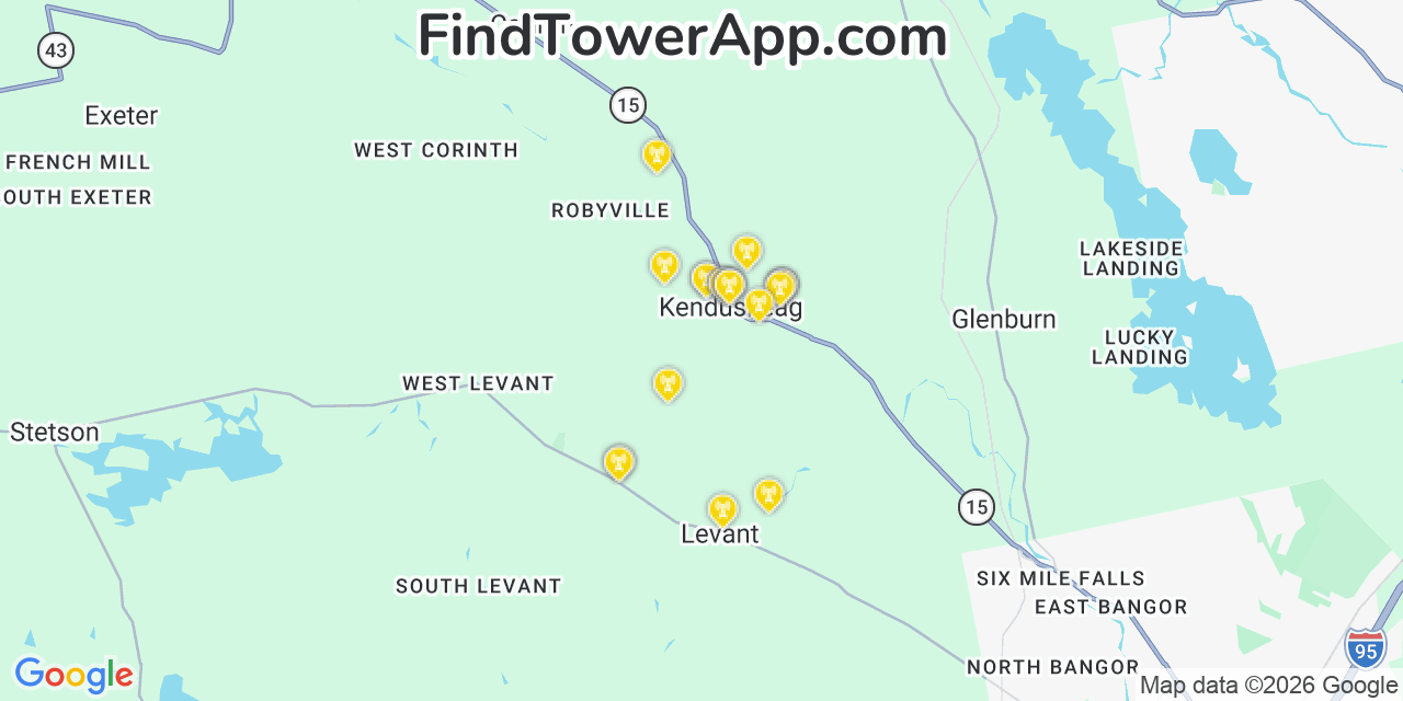 Map showing the 20 primary cell tower locations detected in Kenduskeag, Maine from AT&T, Verizon, and T-Mobile networks