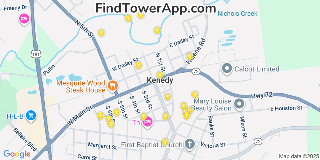 Map showing the 20 primary cell tower locations detected in Kenedy, Texas from AT&T, Verizon, and T-Mobile networks