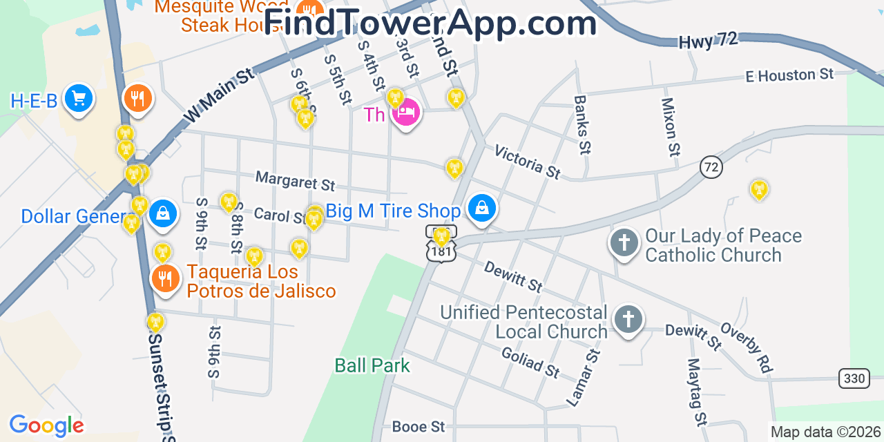 Map showing the 20 primary cell tower locations detected in Kenedy, Texas from AT&T, Verizon, and T-Mobile networks