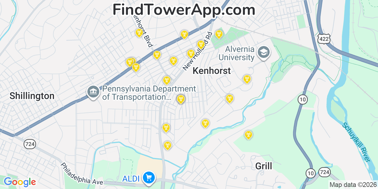 Map showing the 20 primary cell tower locations detected in Kenhorst, Pennsylvania from AT&T, Verizon, and T-Mobile networks