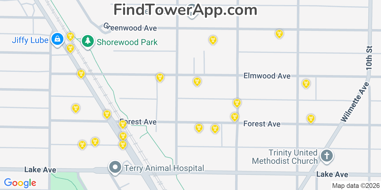 Map showing the 20 primary cell tower locations detected in Kenilworth, Illinois from AT&T, Verizon, and T-Mobile networks