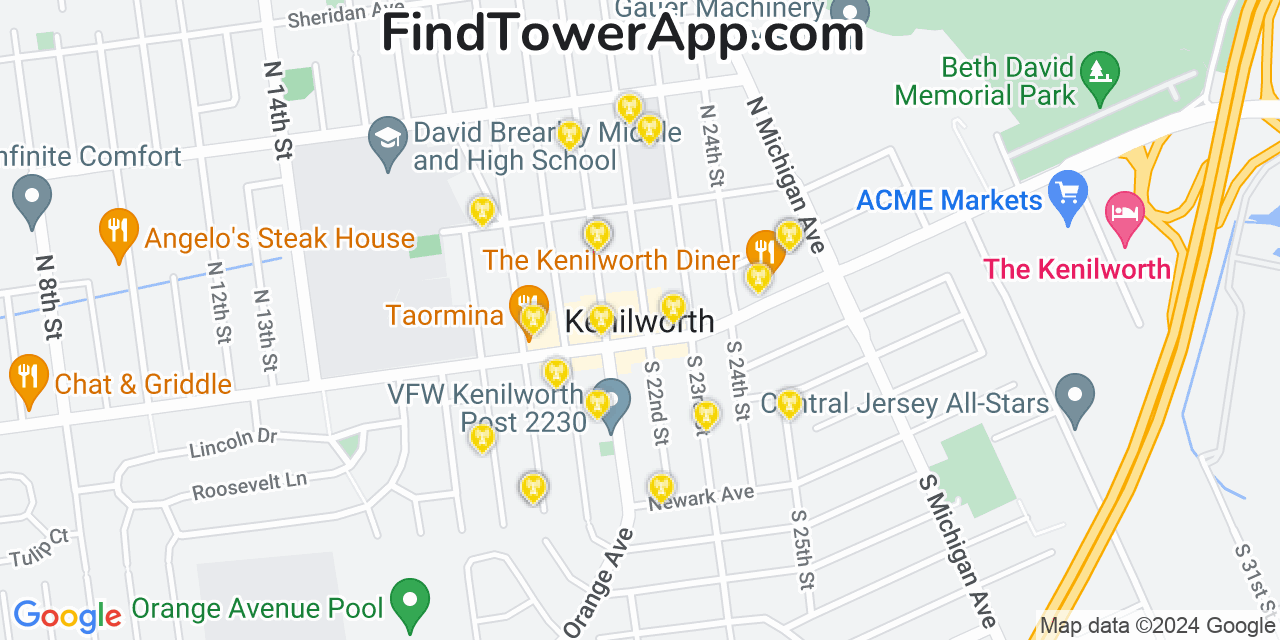 AT&T 4G/5G cell tower coverage map Kenilworth, New Jersey