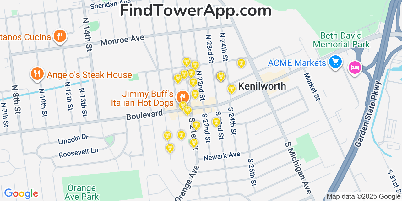 Map showing the 20 primary cell tower locations detected in Kenilworth, New Jersey from AT&T, Verizon, and T-Mobile networks