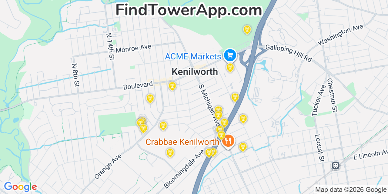 Map showing the 20 primary cell tower locations detected in Kenilworth, New Jersey from AT&T, Verizon, and T-Mobile networks