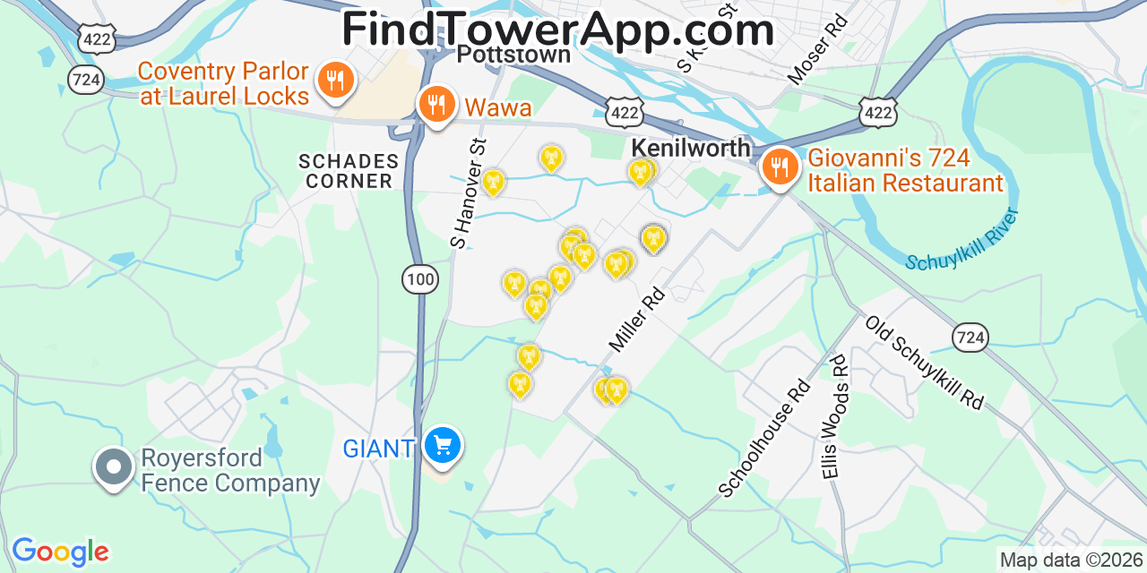 Map showing the 20 primary cell tower locations detected in Kenilworth, Pennsylvania from AT&T, Verizon, and T-Mobile networks