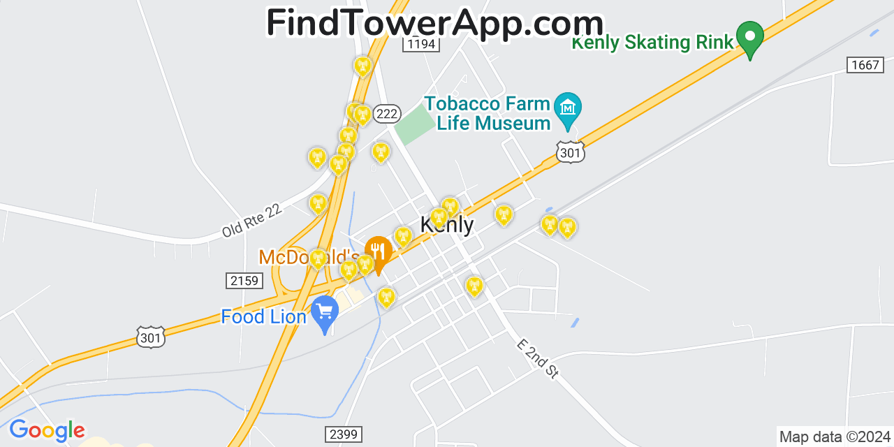 AT&T 4G/5G cell tower coverage map Kenly, North Carolina