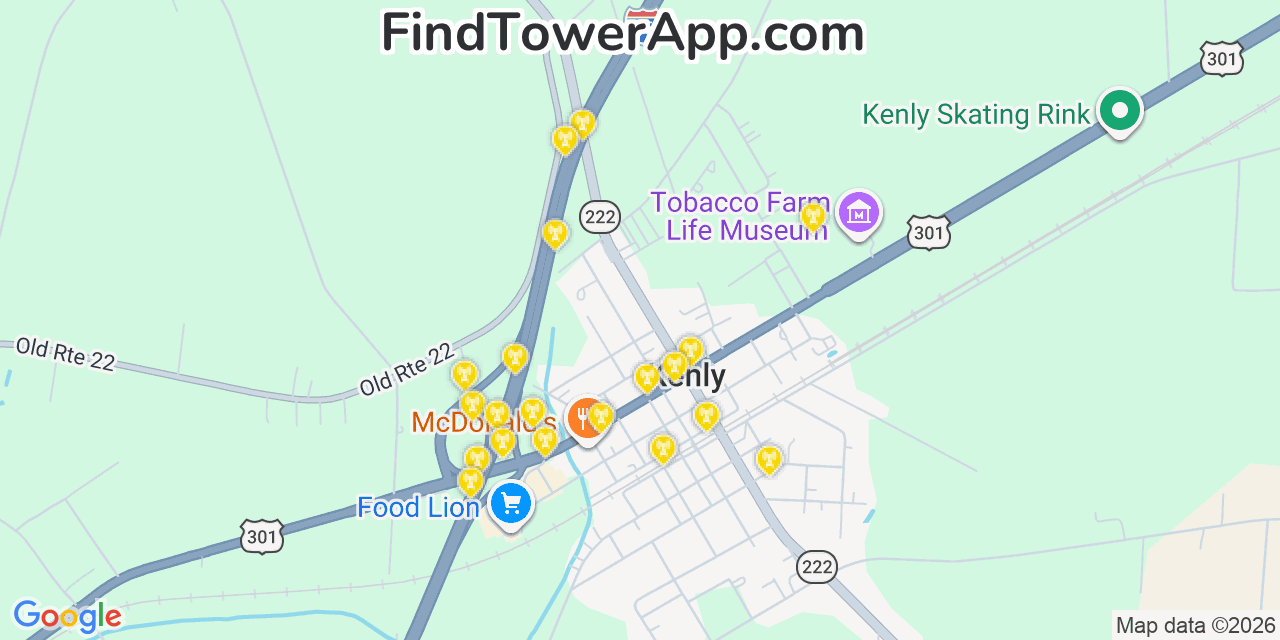 Map showing the 20 primary cell tower locations detected in Kenly, North Carolina from AT&T, Verizon, and T-Mobile networks