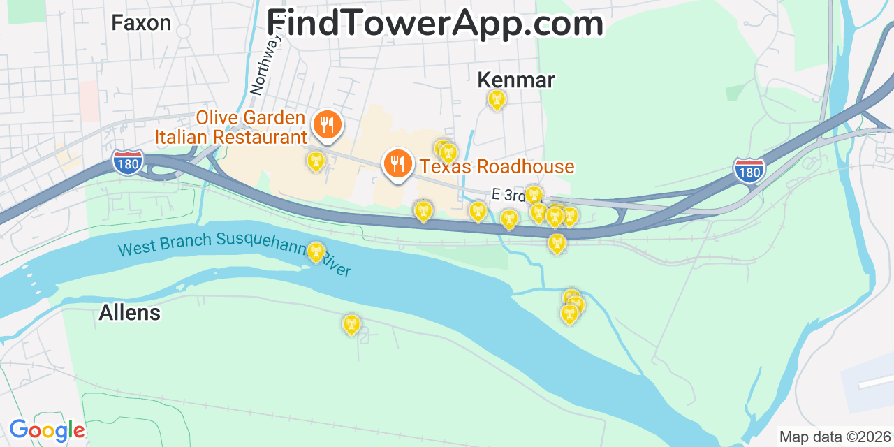 Map showing the 20 primary cell tower locations detected in Kenmar, Pennsylvania from AT&T, Verizon, and T-Mobile networks