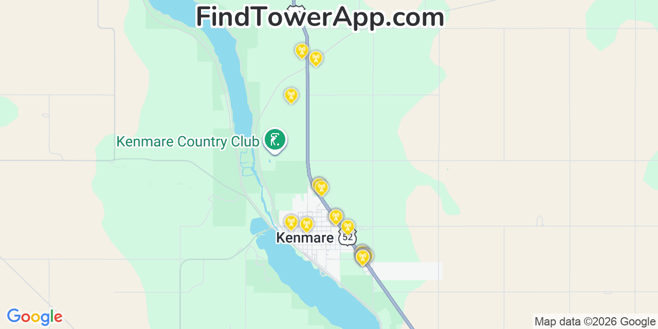 Map showing the 20 primary cell tower locations detected in Kenmare, North Dakota from AT&T, Verizon, and T-Mobile networks