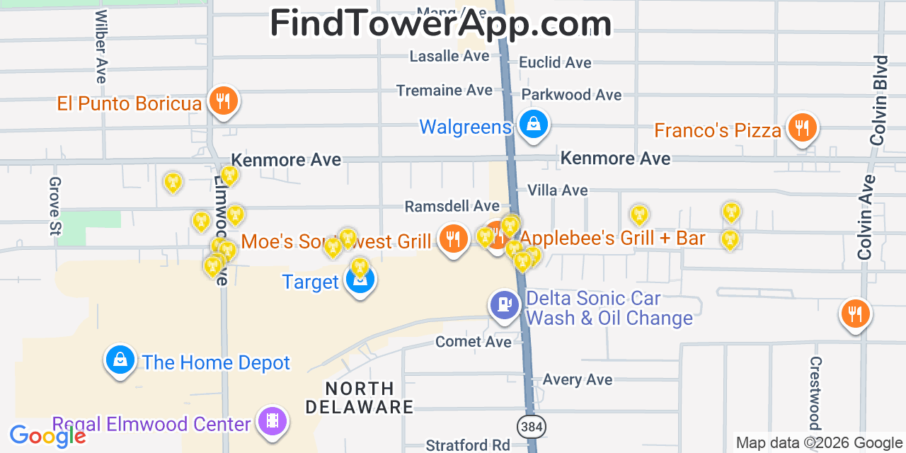 Map showing the 20 primary cell tower locations detected in Kenmore, New York from AT&T, Verizon, and T-Mobile networks