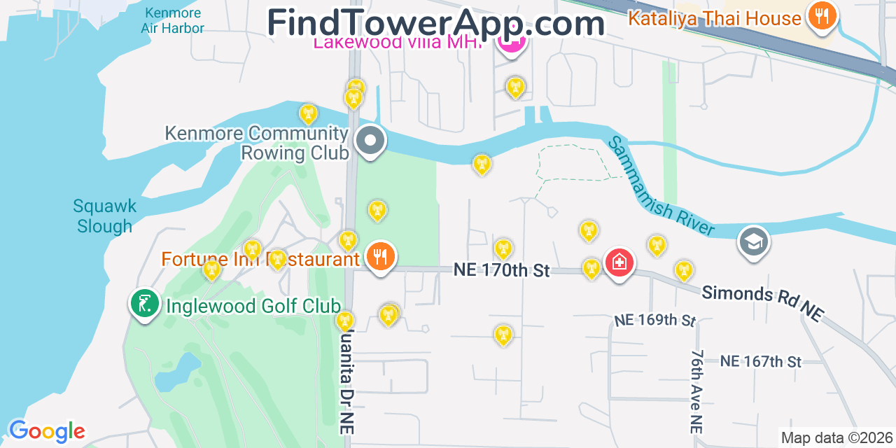 Map showing the 20 primary cell tower locations detected in Kenmore, Washington from AT&T, Verizon, and T-Mobile networks
