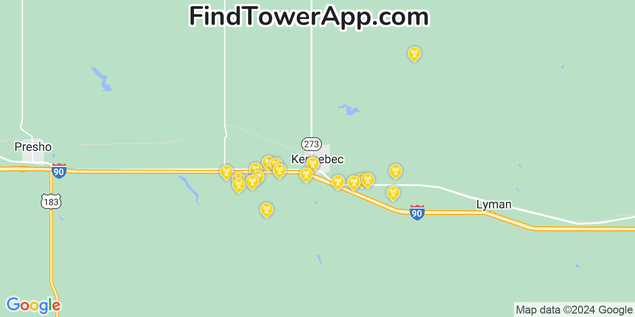 AT&T 4G/5G cell tower coverage map Kennebec, South Dakota