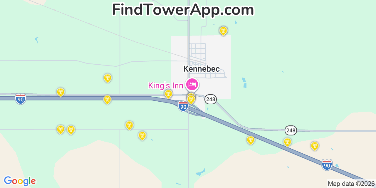 Map showing the 20 primary cell tower locations detected in Kennebec, South Dakota from AT&T, Verizon, and T-Mobile networks