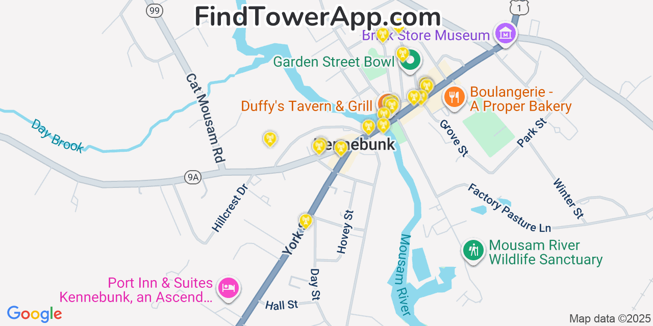 Map showing the 20 primary cell tower locations detected in Kennebunk, Maine from AT&T, Verizon, and T-Mobile networks