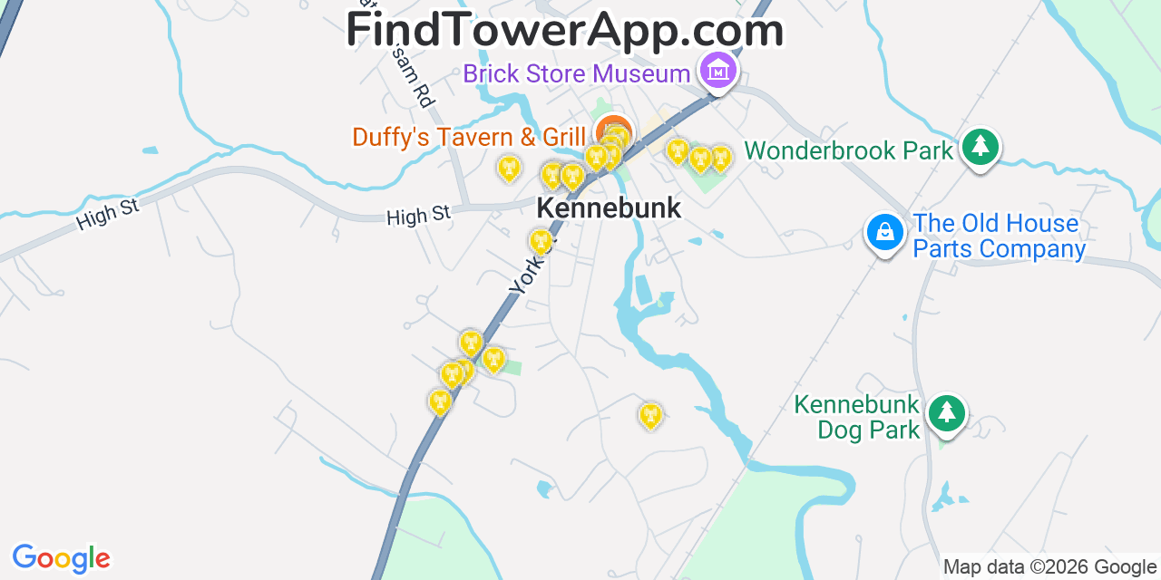 Map showing the 20 primary cell tower locations detected in Kennebunk, Maine from AT&T, Verizon, and T-Mobile networks