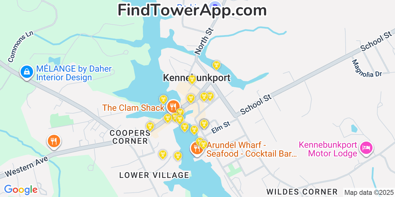Map showing the 20 primary cell tower locations detected in Kennebunkport, Maine from AT&T, Verizon, and T-Mobile networks
