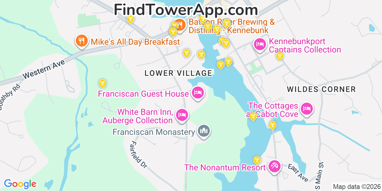 Map showing the 20 primary cell tower locations detected in Kennebunkport, Maine from AT&T, Verizon, and T-Mobile networks