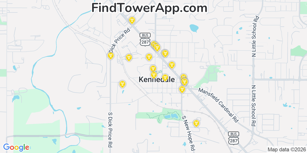 Map showing the 20 primary cell tower locations detected in Kennedale, Texas from AT&T, Verizon, and T-Mobile networks