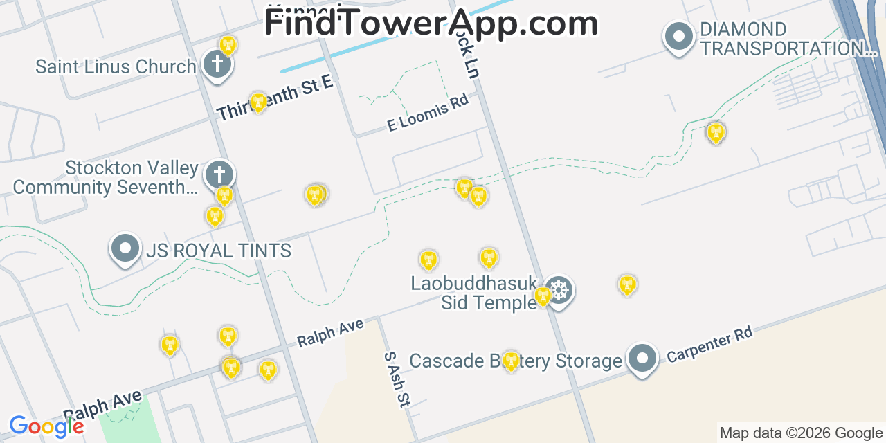 Map showing the 20 primary cell tower locations detected in Kennedy, California from AT&T, Verizon, and T-Mobile networks