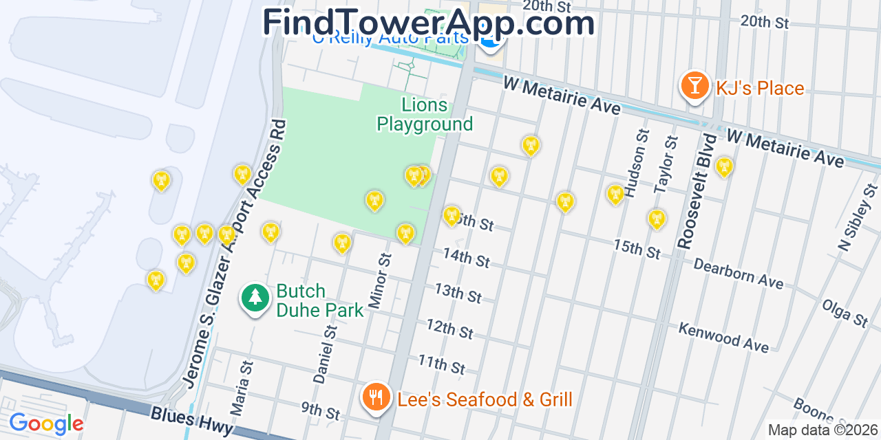 Map showing the 20 primary cell tower locations detected in Kenner, Louisiana from AT&T, Verizon, and T-Mobile networks