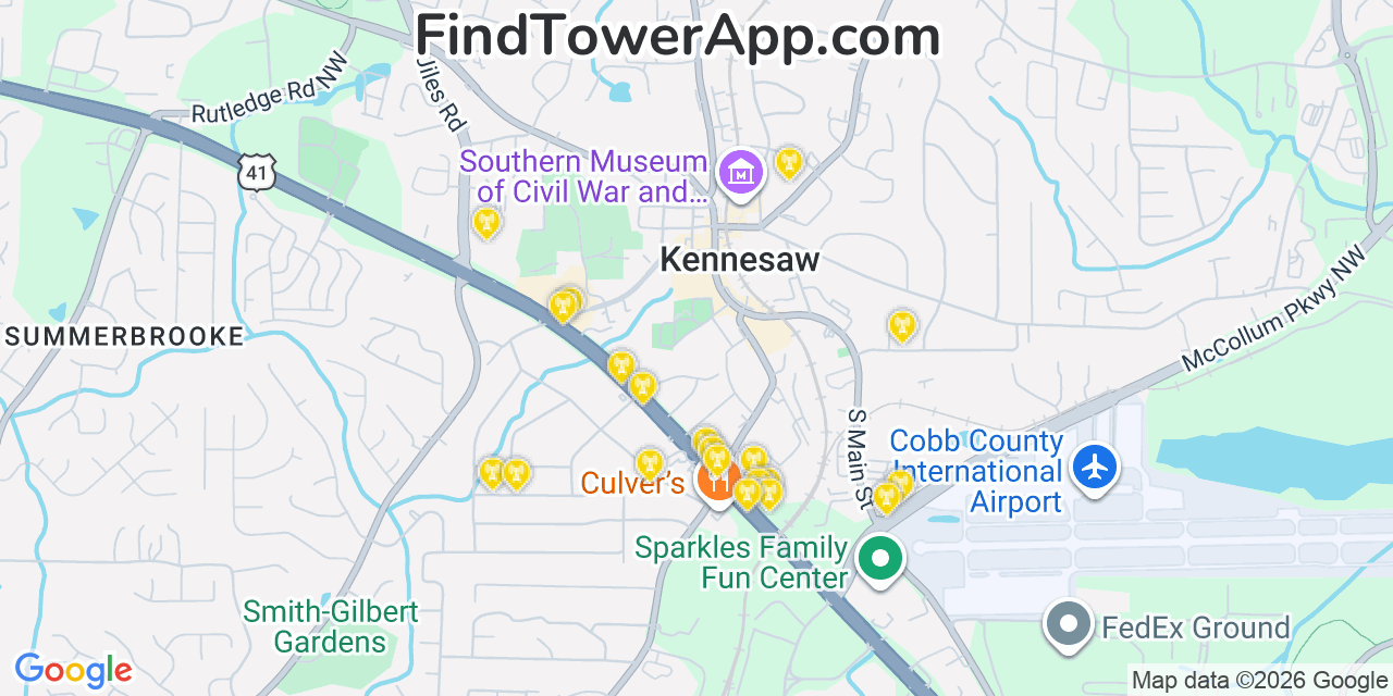 Map showing the 20 primary cell tower locations detected in Kennesaw, Georgia from AT&T, Verizon, and T-Mobile networks