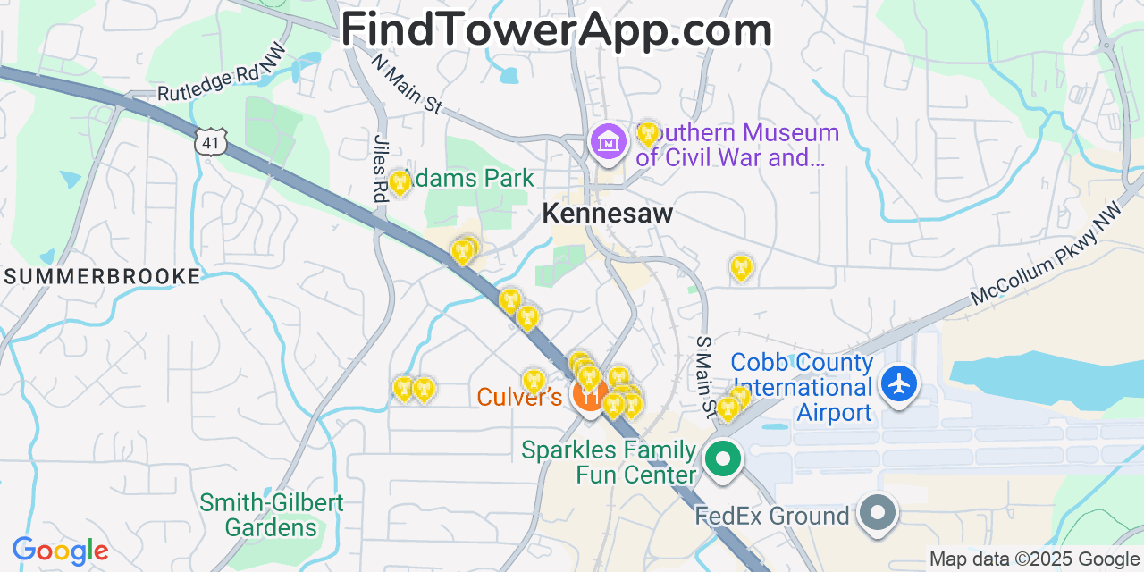Map showing the 20 primary Mobitel cell tower locations detected in Kennesaw, Georgia with coverage radius and signal strength indicators