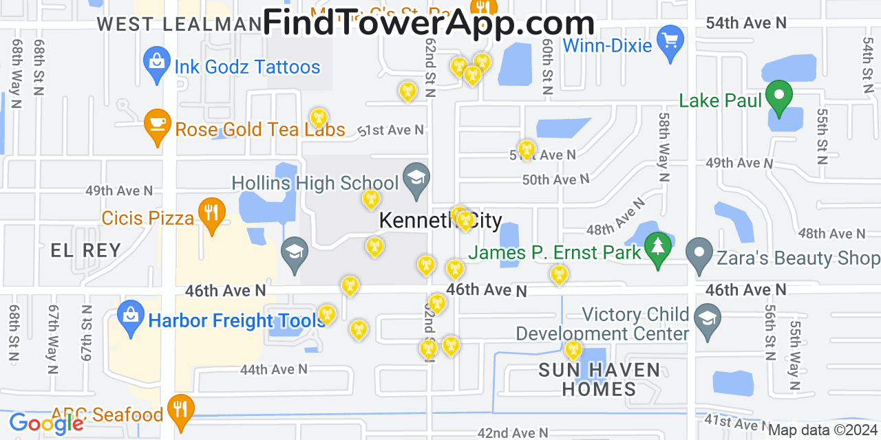 AT&T 4G/5G cell tower coverage map Kenneth City, Florida