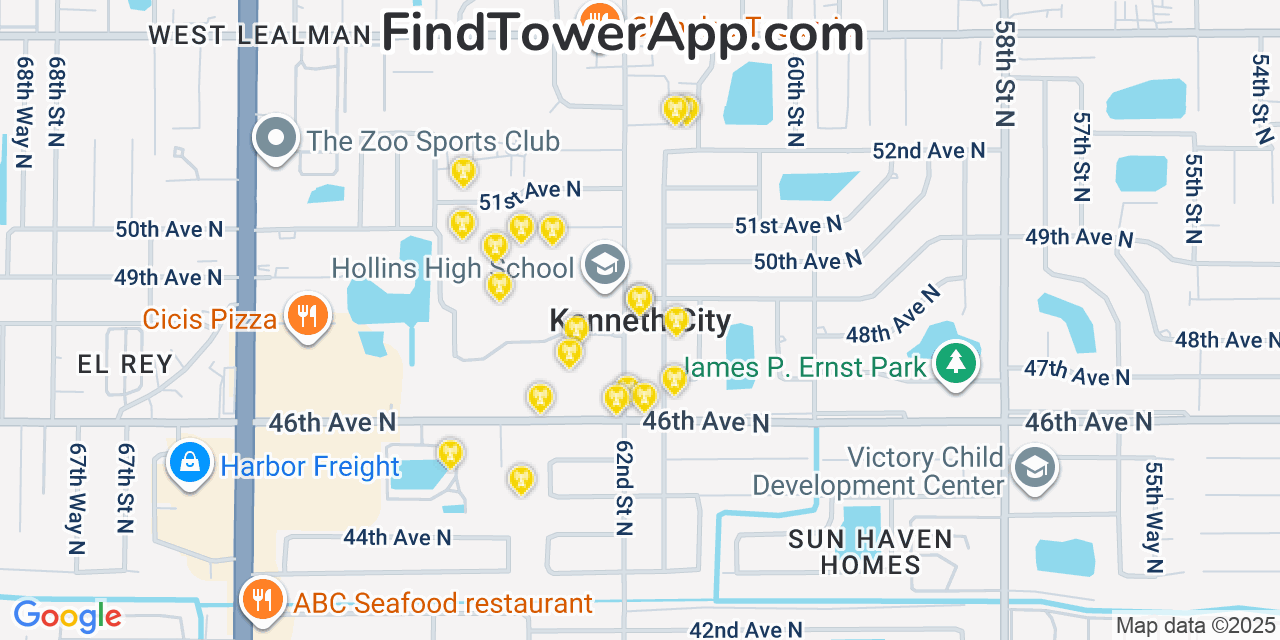 Map showing the 20 primary cell tower locations detected in Kenneth City, Florida from AT&T, Verizon, and T-Mobile networks