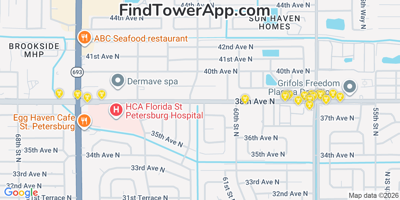 Map showing the 20 primary cell tower locations detected in Kenneth City, Florida from AT&T, Verizon, and T-Mobile networks