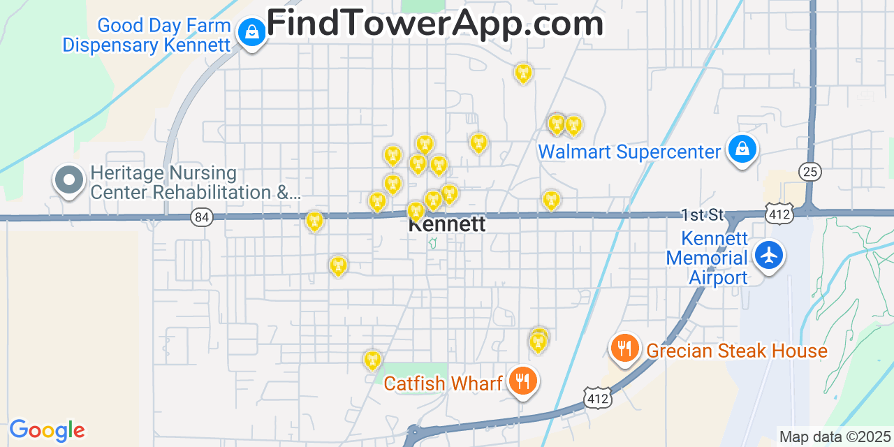 Map showing the 20 primary cell tower locations detected in Kennett, Missouri from AT&T, Verizon, and T-Mobile networks