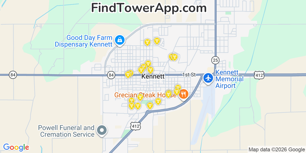 Map showing the 20 primary cell tower locations detected in Kennett, Missouri from AT&T, Verizon, and T-Mobile networks