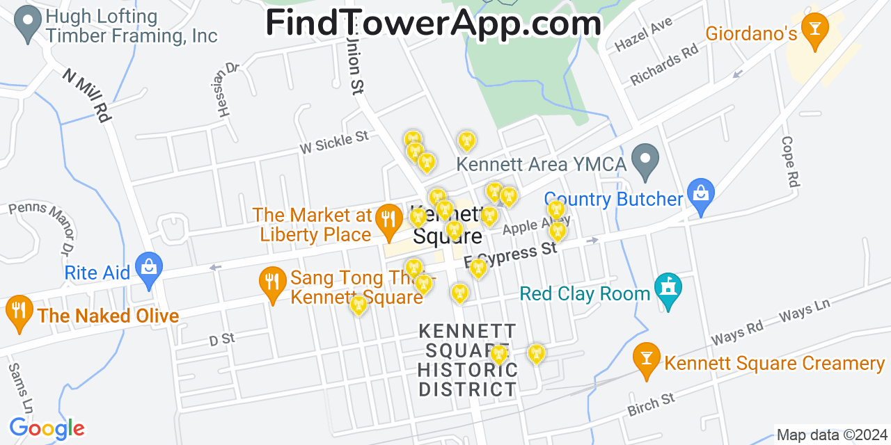 AT&T 4G/5G cell tower coverage map Kennett Square, Pennsylvania