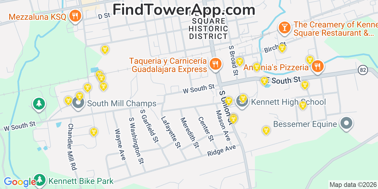 Map showing the 20 primary cell tower locations detected in Kennett Square, Pennsylvania from AT&T, Verizon, and T-Mobile networks