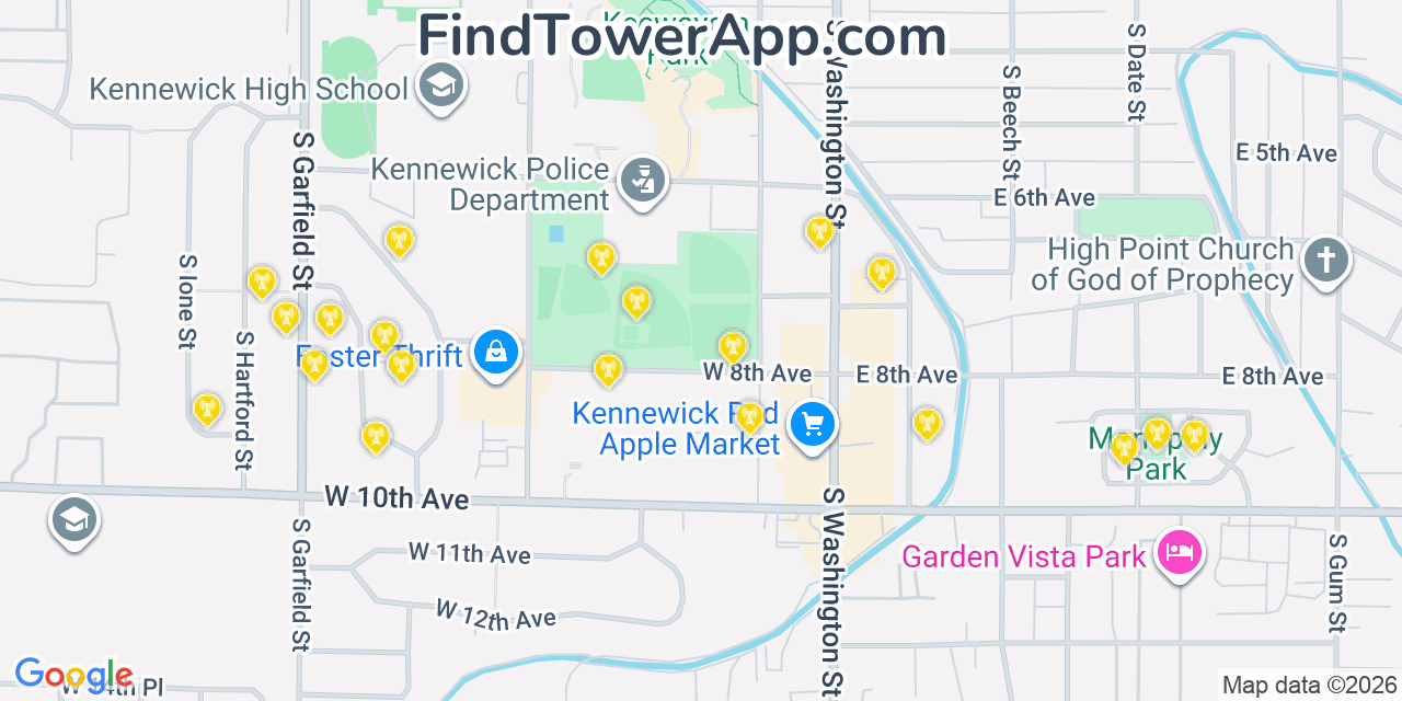 Map showing the 20 primary cell tower locations detected in Kennewick, Washington from AT&T, Verizon, and T-Mobile networks